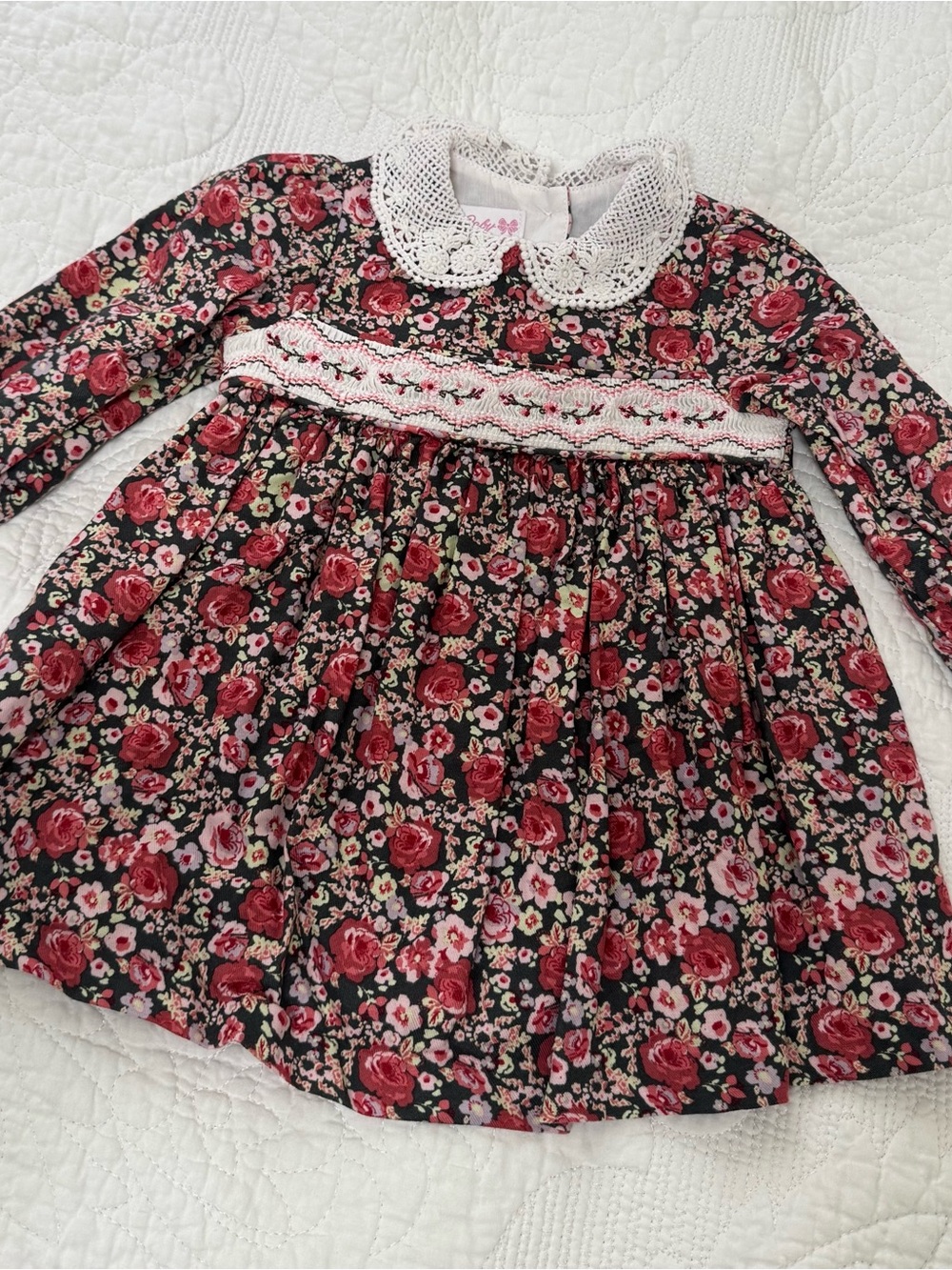 Bonnie Baby Girls Vintage Floral Smocked Dress Crochet Peter Pan Collar size 3-6